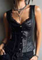 Women's Sexy PU Leather Patchwork Lace Strappy Fitting Bustier Vest
