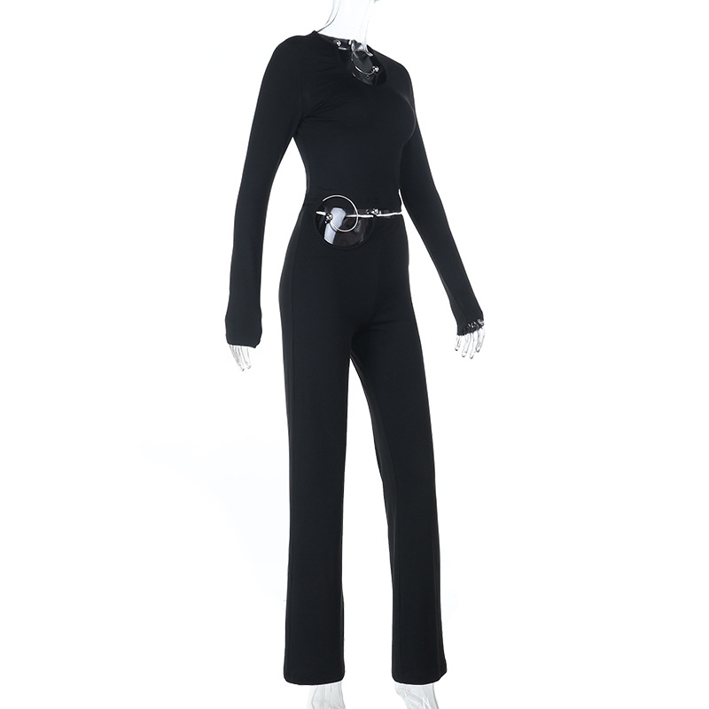 Women's Autumn Winter Sexy Metal Ring Detail Top and Pants Set
