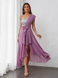 Women's Autumn Winter Sequin One-Shoulder Chiffon Evening Dress Party Gown