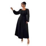 Women's Autumn Chic Long Dress High Waist Pleated Square Neck Long Sleeve Plus Size Dress