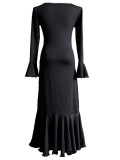 Women's Sexy Color-Block Button Detail Bell Sleeve High Slit Ruffled Long Dress