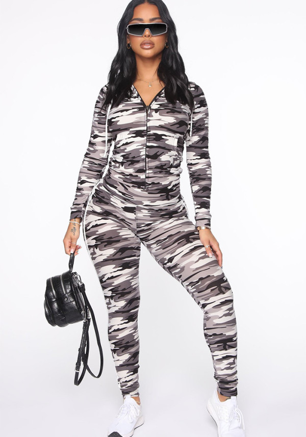 Women's Camouflage Sport Print Autumn Winter Jacket and Pants Two-Piece Set