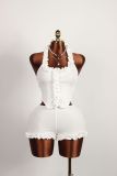 Women's Fashion Solid Color Slim Sexy Lace Detail Cropped Halter Neck Top and Shorts Set