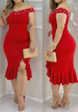 Plus Size Women Beaded Off-Shoulder Slit Mermaid Dress with Ruffles