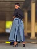 Women's Street Elastic Drawstring Pleated Color-Block Wide Leg Denim Pants