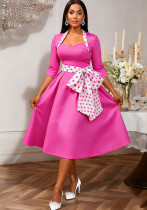 Women's Elegant Heart Neckline Polka Dot Bow Half-Sleeve Slim Waist A-Line Party Dress
