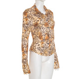 Women's Autumn Winter Leopard Print Turndown Collar Long Sleeve Button-Down Shirt