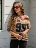 Women's Autumn Winter Loose Basketball Knitting V-Neck Sweater