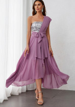 Women's Autumn Winter Sequin One-Shoulder Chiffon Evening Dress Party Gown
