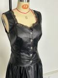 Women's Sexy PU Leather Patchwork Lace Strappy Fitting Bustier Vest