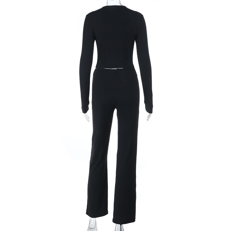 Women's Autumn Winter Sexy Metal Ring Detail Top and Pants Set