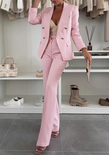 Women Metal Button Blazer and Bell Bottom Two-Piece Set