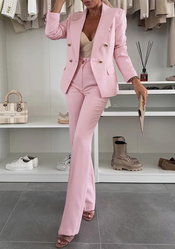 Women Metal Button Blazer and Bell Bottom Two-Piece Set