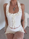 Women's Fashion Solid Color Slim Sexy Lace Detail Cropped Halter Neck Top and Shorts Set