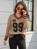 Women's Autumn Winter Loose Basketball Knitting V-Neck Sweater