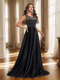 Women's Fashion Sleeveless Long Dress Crystal Round Neck Mesh A-Line Evening Gown