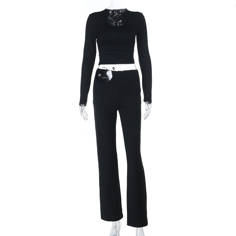 Women's Autumn Winter Sexy Metal Ring Detail Top and Pants Set