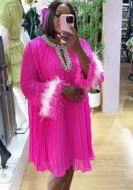 Women Fall Round Neck Diamond-Encrusted Feather Patchwork Long-Sleeved Pleated Dress
