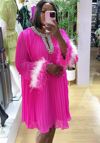 Women Fall Round Neck Diamond-Encrusted Feather Patchwork Long-Sleeved Pleated Dress
