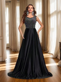 Women's Fashion Sleeveless Long Dress Crystal Round Neck Mesh A-Line Evening Gown