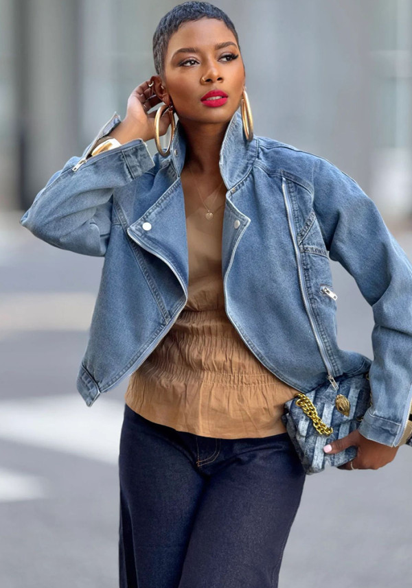 Women's Turndown Collar Zip Long Sleeve Denim Jacket