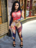 Women's Sexy Body Painting Print Round Neck Long Sleeve Tight Fitting Jumpsuit
