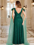 Women's Autumn Mesh Long Sleeve V-Neck Bodycon Long Dress Sequin Evening Gown
