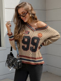 Women's Autumn Winter Loose Basketball Knitting V-Neck Sweater