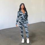 Women's Camouflage Sport Print Autumn Winter Jacket and Pants Two-Piece Set