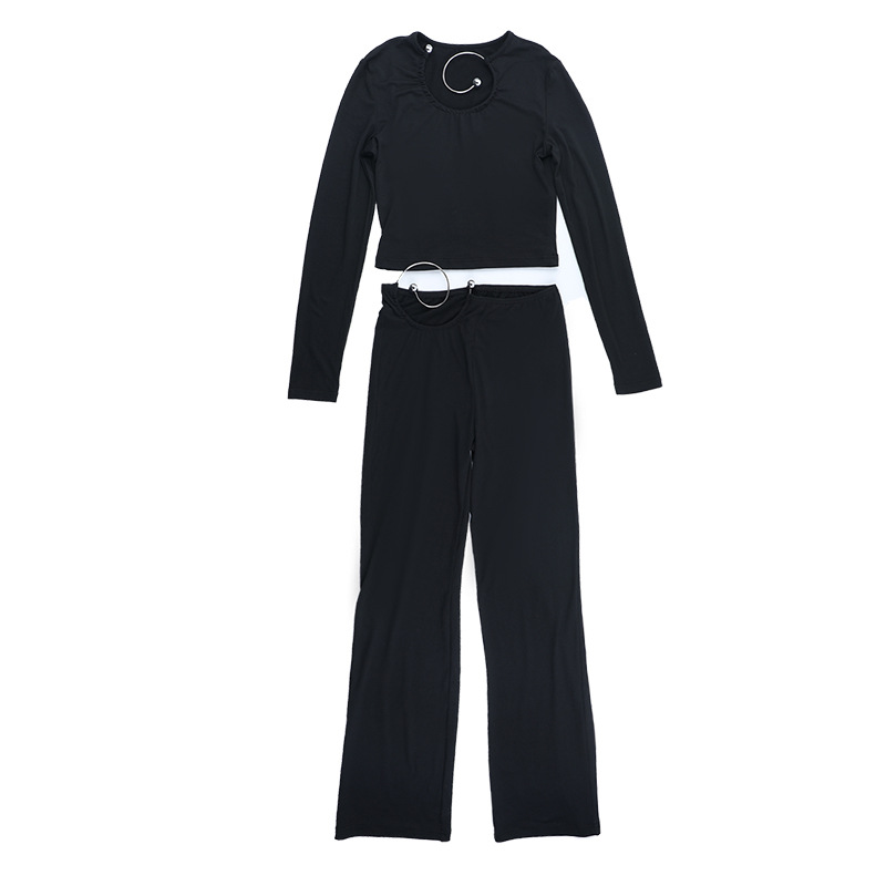 Women's Autumn Winter Sexy Metal Ring Detail Top and Pants Set