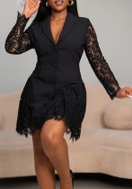 Women Patchwork Long-Sleeved Lapel Casual Blazer Dress