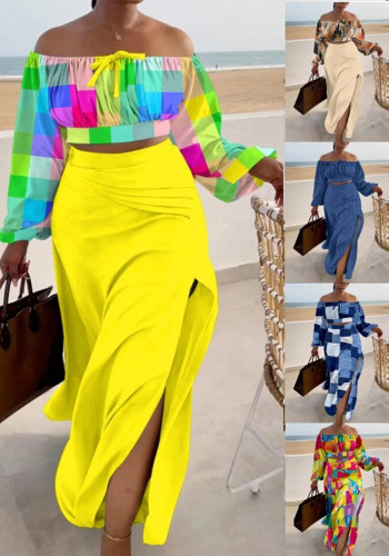 Women's Off Shoulder Top Slit Skirt Two-Piece Set