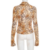 Women's Autumn Winter Leopard Print Turndown Collar Long Sleeve Button-Down Shirt
