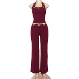 Women Autumn Sleeveless Halter Neck Top and Pants Two-Piece Set