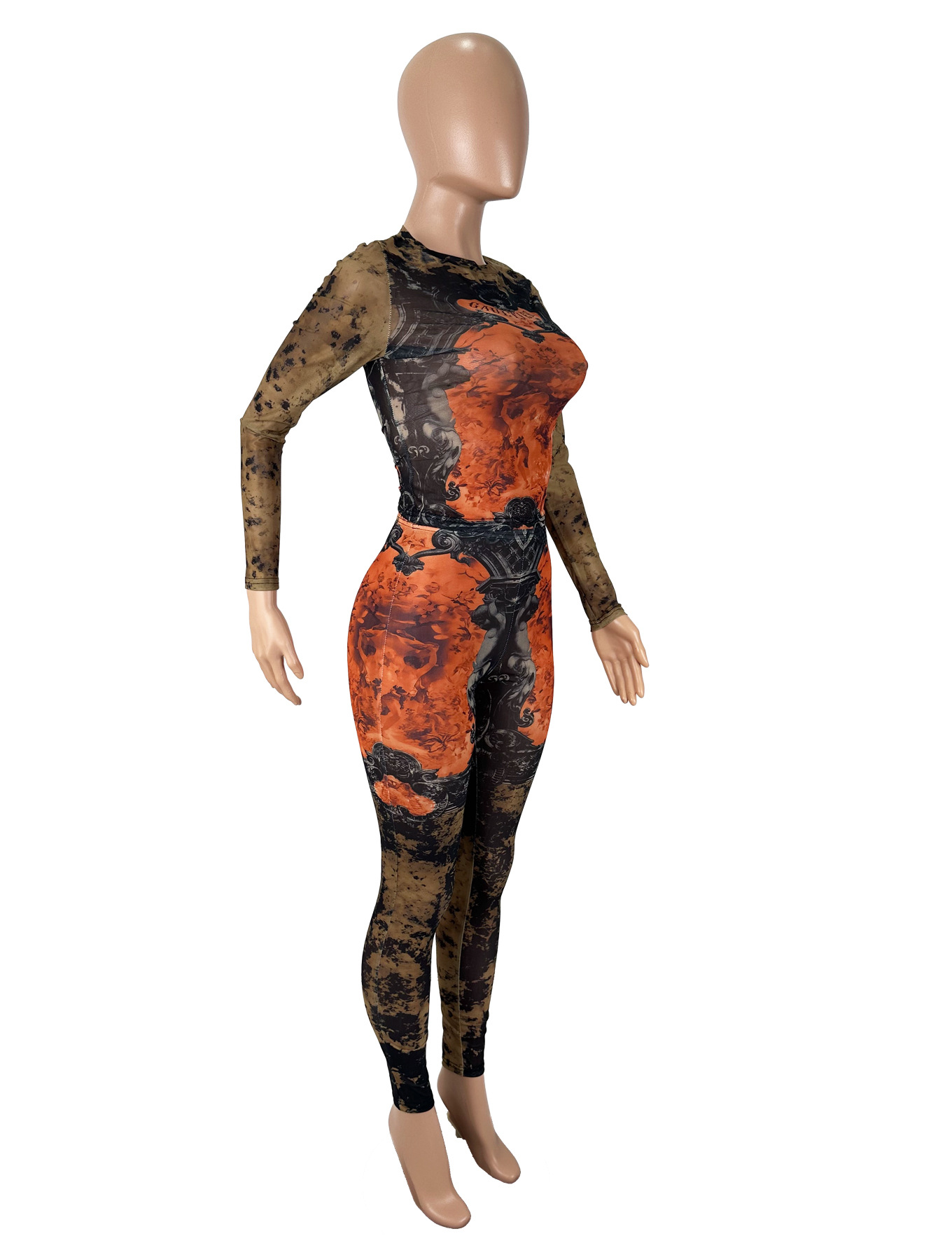 Women's Sexy Street Trend Print Round Neck Long Sleeve Tight Fitting Pants Set