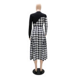 Women Patchwork Houndstooth Long-Sleeved Dress
