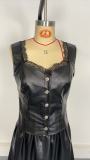 Women's Sexy PU Leather Patchwork Lace Strappy Fitting Bustier Vest