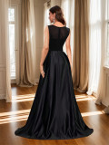 Women's Fashion Sleeveless Long Dress Crystal Round Neck Mesh A-Line Evening Gown