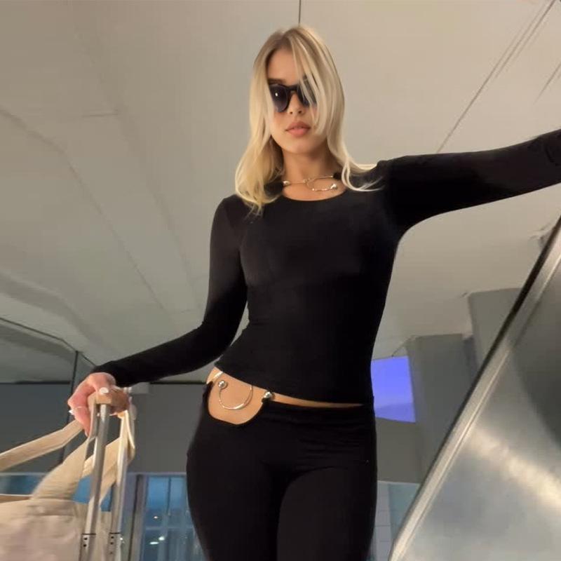 Women's Autumn Winter Sexy Metal Ring Detail Top and Pants Set