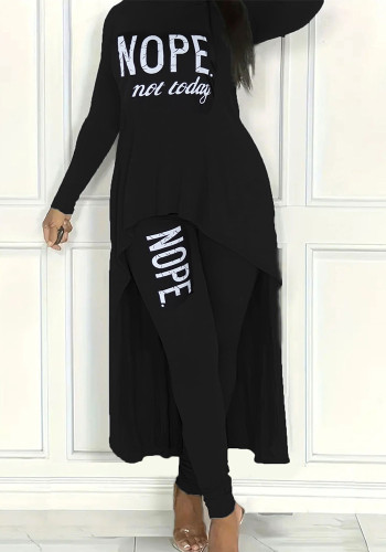 Women's Autumn Winter Letter Print Asymmetric Long Sleeve Top and Tight Fitting Pants Two-Piece Set