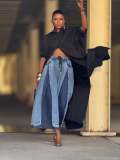 Women's Street Elastic Drawstring Pleated Color-Block Wide Leg Denim Pants
