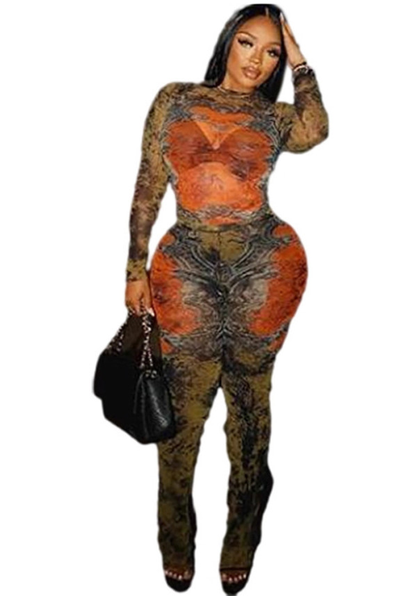 Women's Sexy Street Trend Print Round Neck Long Sleeve Tight Fitting Pants Set