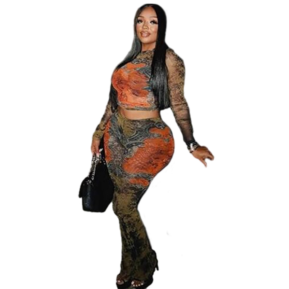 Women's Sexy Street Trend Print Round Neck Long Sleeve Tight Fitting Pants Set