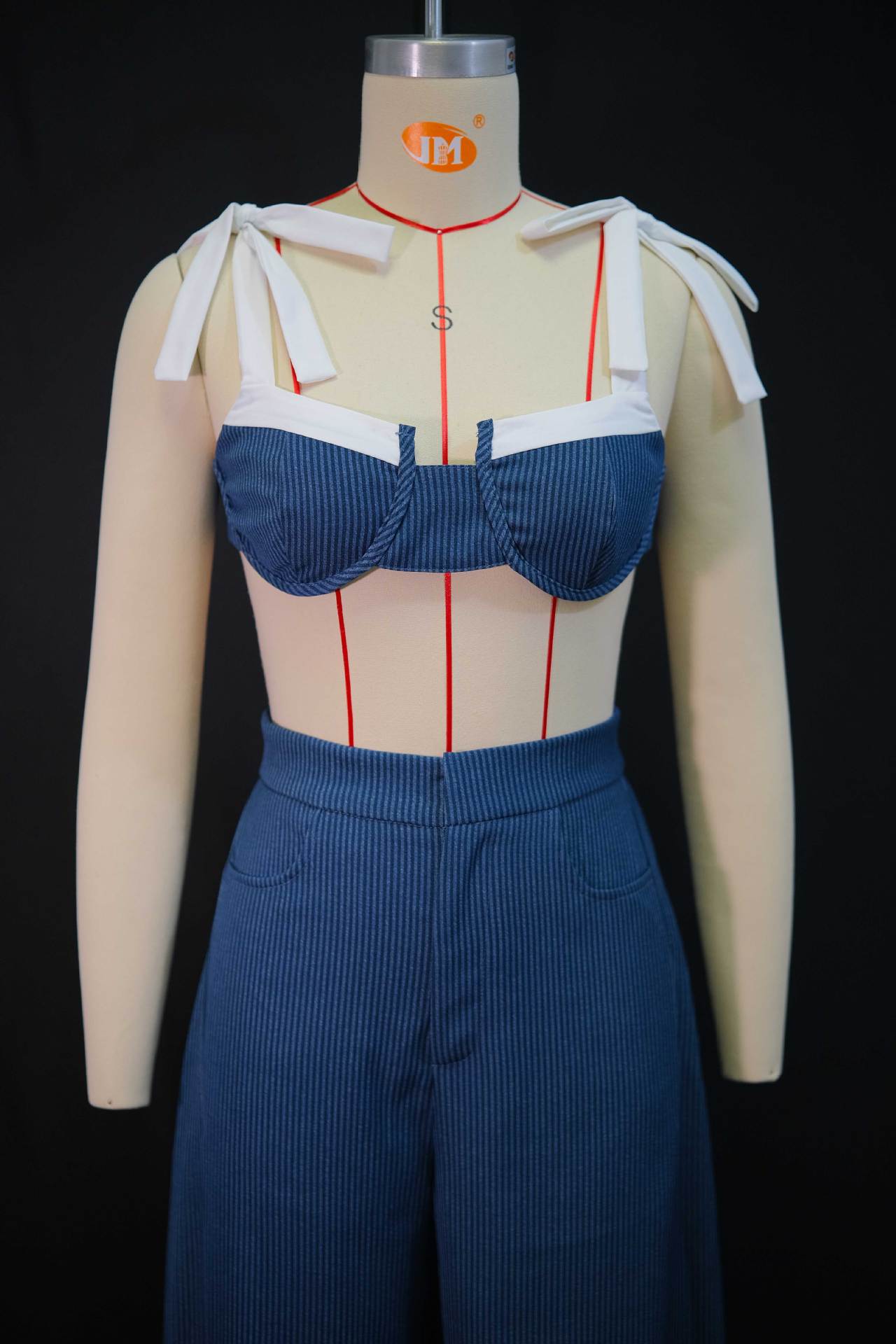 Autumn Women's Fashion Sexy Patchwork Bow-Strap Open Waist Wide-Leg Pants Set