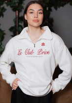 Women's Fashion Trendy Letter Print Autumn Winter Turndown Collar Zip Top