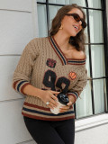 Women's Autumn Winter Loose Basketball Knitting V-Neck Sweater