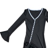 Women's Sexy Color-Block Button Detail Bell Sleeve High Slit Ruffled Long Dress