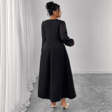 Women's Autumn Chic Long Dress High Waist Pleated Square Neck Long Sleeve Plus Size Dress