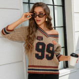 Women's Autumn Winter Loose Basketball Knitting V-Neck Sweater