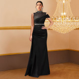 Women's Crystal Mesh Slash Shoulder Long Evening Dress Formal Gown